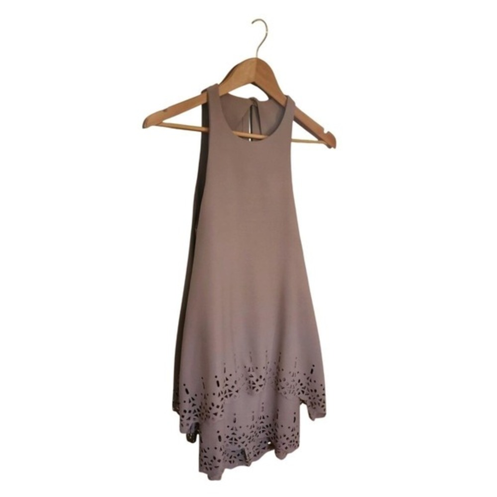 Bec + Bridge Laser Cut Mini Dress Taupe Gray Flowy Layered Knit 2 - Picture 6 of 11